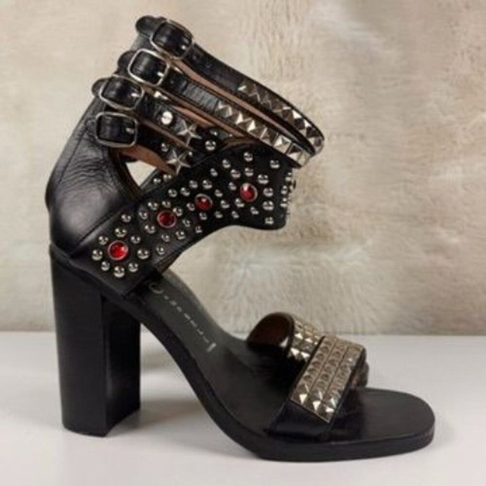 Jeffrey Campbell Black Studded Gladiator Heels With Red Stone Accents & Chunky H